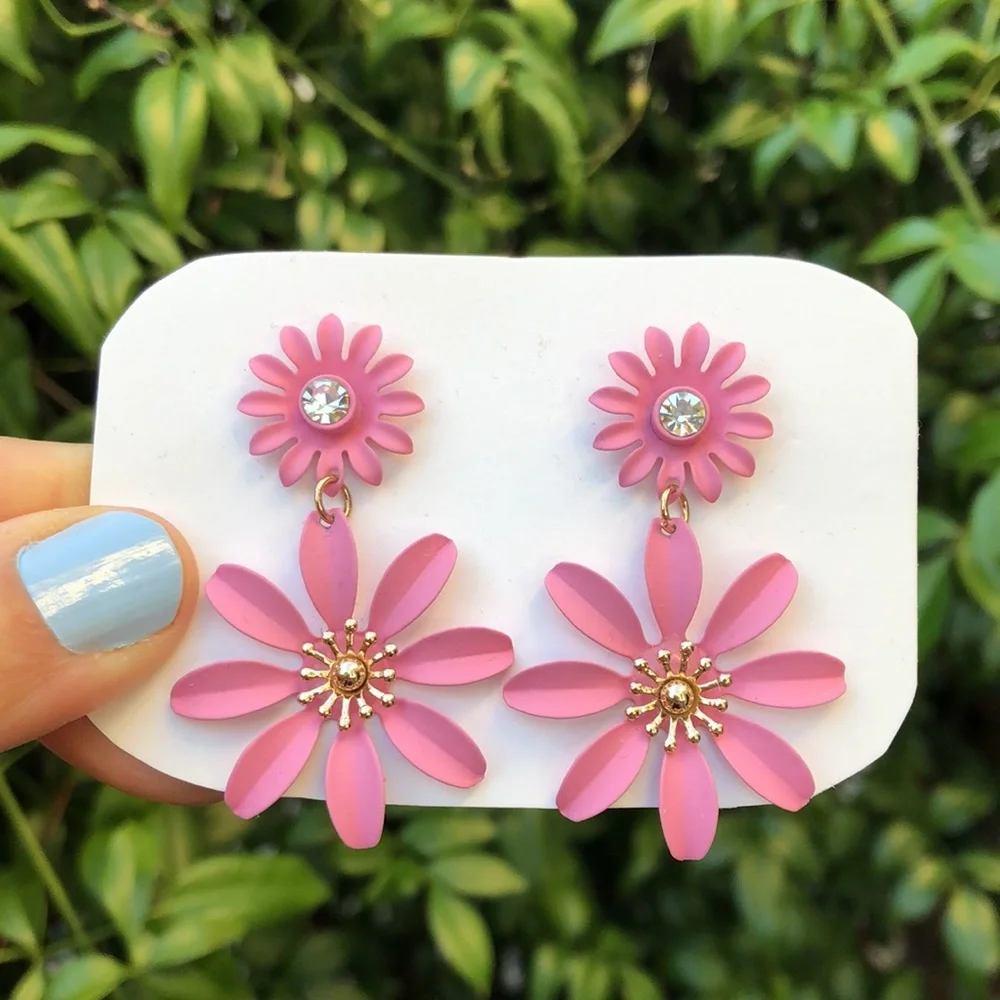 Pink + Crystal Daisy Flower Drop Earrings